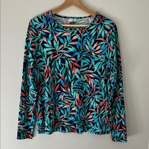 Lands’ End SunShade Rash Guard UPF 50 Long Sleeve Relaxed Leaf Print